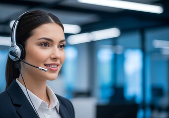 Smiling professional customer support agent wearing a headset ready to assist clients in a modern, bright office environment