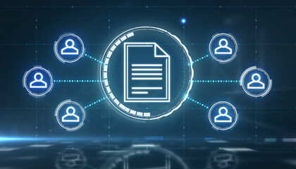 Data Sharing and Digital Collaboration: An artistic depiction of interconnected individuals and a document, illustrating the essence of data sharing, teamwork, and digital connectivity.