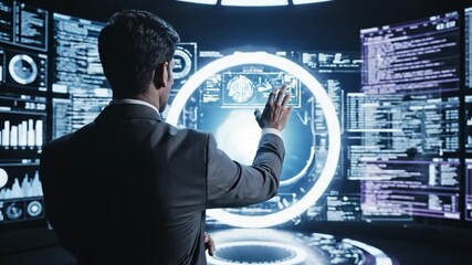 Businessman analyzing holographic data in futuristic control room - Powered by Adobe