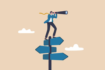 Obraz premium Man with telescope on signpost looking into the distance, 60 chars