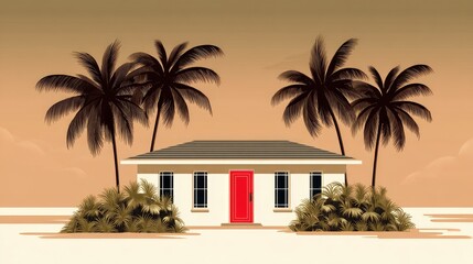 Fototapeta premium black and white photo of a midcentury modern house with bright red door