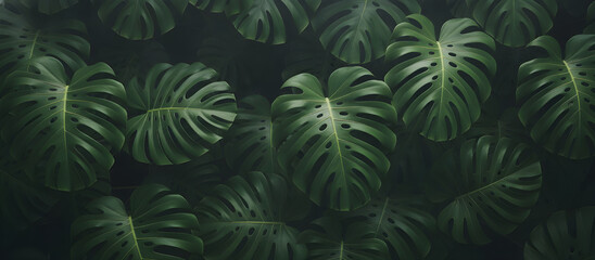Fototapeta premium Lush green monstera leaves forming a dense tropical canopy