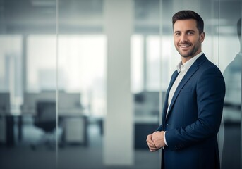 Confident young businessman in sharp navy suit smiling warmly while leaning against glass wall in modern office setting