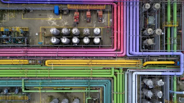 An aerial view of a terminal showcasing an extensive network of pipelines with colorcoded sections representing different materials alongside labeled valves and control points for operational