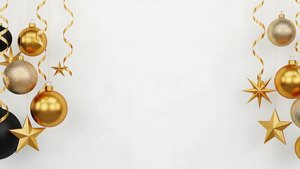 Elegant Christmas holiday background with hanging gold and black baubles, stars, and ribbons on a white backdrop with copy space