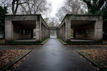 Deserted colonnade in a park during autumn, showing symmetry and decay