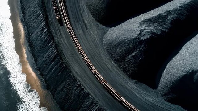 An aerial perspective captures the sinuous path of a conveyor belt snaking down a steep incline from the ship to the sandy beach where piles of coal are being stockpiled for transport.