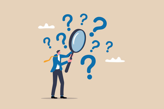 Man with magnifying glass searches for answers among question marks