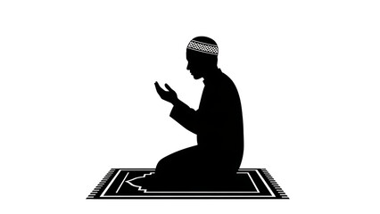 White Outline Silhouette Of A Muslim Man Praying On A Prayer Mat Against Black graphic design isolated on a transparent background