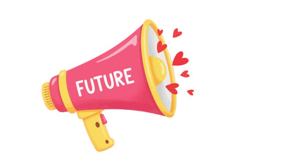 A pink megaphone with the word "FUTURE" written on it, broadcasting a stream of red hearts and small heart shapes against a white background.