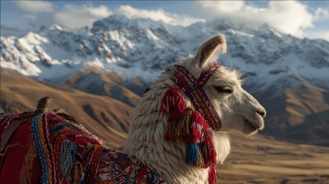 Llama in Andean Mountains Represents Patience and Humility in Peruvian Culture While Grazing in a Natural Landscape With Snow-Capped Peaks