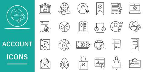 Account icon set. Includes tax, loan, balance, audit, financial report, profile, login, bank, payment and more symbol. Set of 24 line icon related to finance and accounting. Vector illustration.