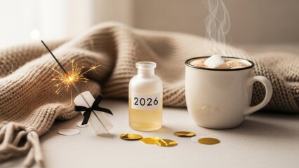 Cozy Moment with Hot Beverage and New Year Wishes: A warm and inviting scene unfolds, featuring a steaming cup of beverage, a decorative sparkler, and the upcoming year's symbolic figure.