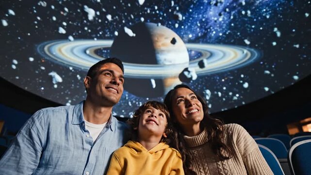 Happy Family of Three Joyfully Watching a Planetary Show in a Planetarium for Educational Websites, Family Blogs, Science Articles, and Space Awareness Campaigns