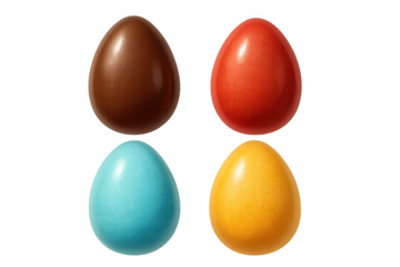 Four colorful easter eggs with chocolate and candy shells, creating a sweet dessert assortment on transparent background