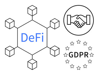DeFi concept. Decentralized finance ed with blockchain structure, GDPR compliance stars, and handshake for partnerships. Relevant for fintech, data privacy, blockchain, regulations, and business