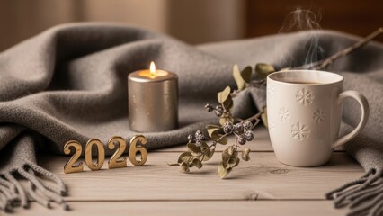 Cozy 2026: A warm, inviting scene captures a moment of peace and anticipation, as a lit candle and a steaming mug of beverage sit peacefully beside the numeric symbol of 2026.