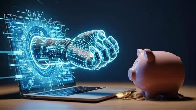Electronic Theft Concept: Holographic Hand Reaching from Laptop to robber Piggy Bank for Finance Blogs, Cybersecurity Education, Investment Awareness, and Fraud Prevention Materials.