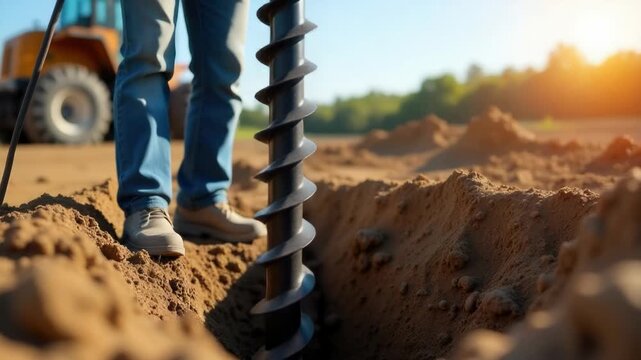 Video A person stands in the dirt holding a drill, likely engaged in some kind of excavation or construction project