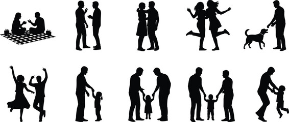 Silhouettes of families, couples, and friends interacting, playing, and enjoying time together, representing love, bonding, parenting, lifestyle moments, relationships, and outdoor activities