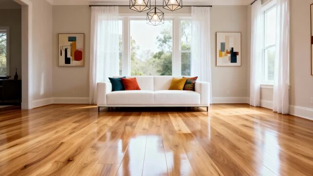 Medium shot of a living room makeover showcasing fresh hardwood floors and contemporary lighting fixtures for a bright inviting atmosphere.