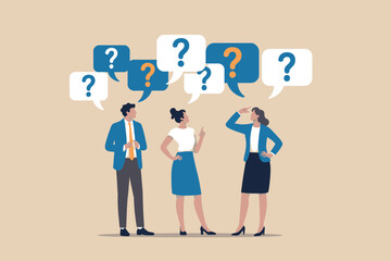 Business people with question marks in speech bubbles above their heads