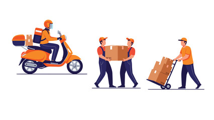 Dynamic delivery workers swiftly transporting packages using scooter, handcarry, and handtruck for fast logistics solutions