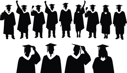 Graduation Students Silhouette Set Successful Graduates Celebrating Achievement Black Vector Illustration University College Education Academic Success Ceremony.