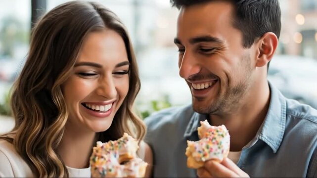 Funny Young Couple Sharing a Sprinkled Donut closeup with Enjoyment, Food Blogs, Sweet Treat Promotions, and Lifestyle Articles