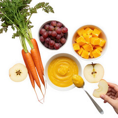 Healthy baby food ingredients and puree with fresh fruits and vegetables