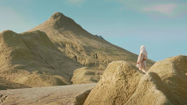 Depiction of Messiah walking through sunny hills and valleys in an isolated desert. Minimalist, evocative landscape conveying contemplation and inner journey. Christian and spiritual concept