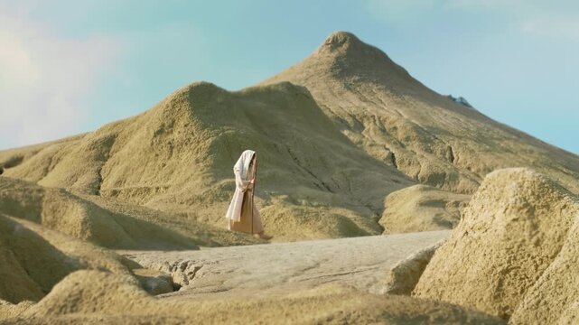 Long shot of the figure of Messiah walking through the sunny hills and valleys of an isolated desert. Evocative landscape conveying contemplation and inner journey. Christian concept. Slow motion