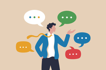 Man with speech bubbles conveying ideas, communication and discussion