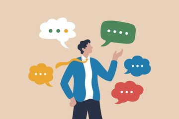 Man in blue suit with colorful speech bubbles communicating ideas