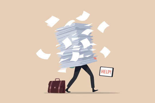 Man carrying a huge stack of papers asks for help illustration