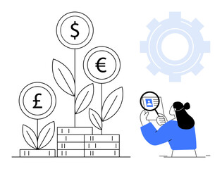 Financial growth concept. investment growth with dollar, euro, pound symbols on plants and a businesswoman analyzing data. Suited for finance, investments, economy, business planning, fintech