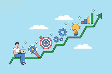 Business growth concept with upward graph, light bulb, target, gears
