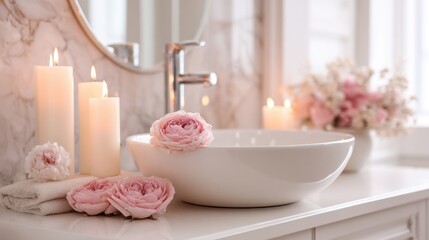 A soothing bathroom scene featuring a white bowl sink adorned with pale pink roses. Soft candlelight creates warmth against a backdrop of delicate floral arrangements.