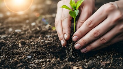 Planting new life caring hands holding seedling growing in fertile soil with sunlight