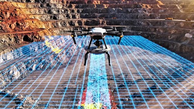 Video, drone illustration at a mining site with area scanning effects, Drone (UAV) with LiDAR or photogrammetry,