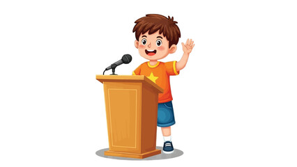 A young boy stands at a wooden podium, waving and smiling while addressing an audience with a microphone in front of him, illustrating public speaking.