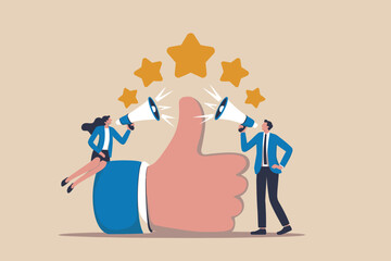 People use megaphones around a large thumbs-up with stars rating