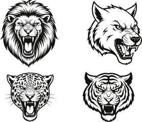 Wild animal head vector set featuring roaring lion, wolf, leopard, and tiger illustrations in bold detailed black-and-white style
