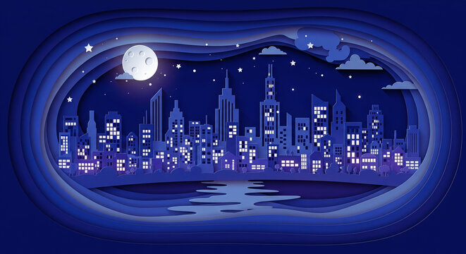 Artistic Paper Cut Cityscape Night City Skyline - Powered by Adobe