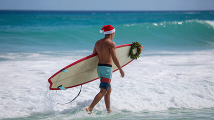 Shirtless surfer wearing a Santa hat and carrying a surfboard with a Christmas wreath walking into the ocean on a sunny day holiday concept