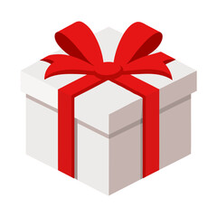 White gift box with red ribbon. Present or surprise. Suitable for logo, emblem Social media sticker for New Year, Christmas or Valentine's Day. Isolated vector illustration on a white background