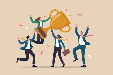 Team celebrates winning golden trophy with confetti and bright sparks