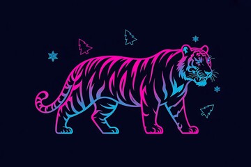 Neon tiger walking with snowflakes and Christmas trees on dark background pink blue