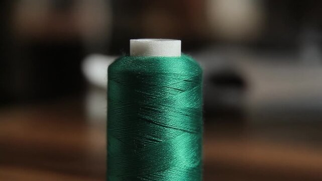 Captivating close-up of a vibrant green thread spool, an essential textile material poised for creative sewing, embroidery, and diverse crafting projects