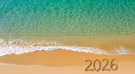 Obraz premium Top view of beach and the background side of Beach 2026 text new 